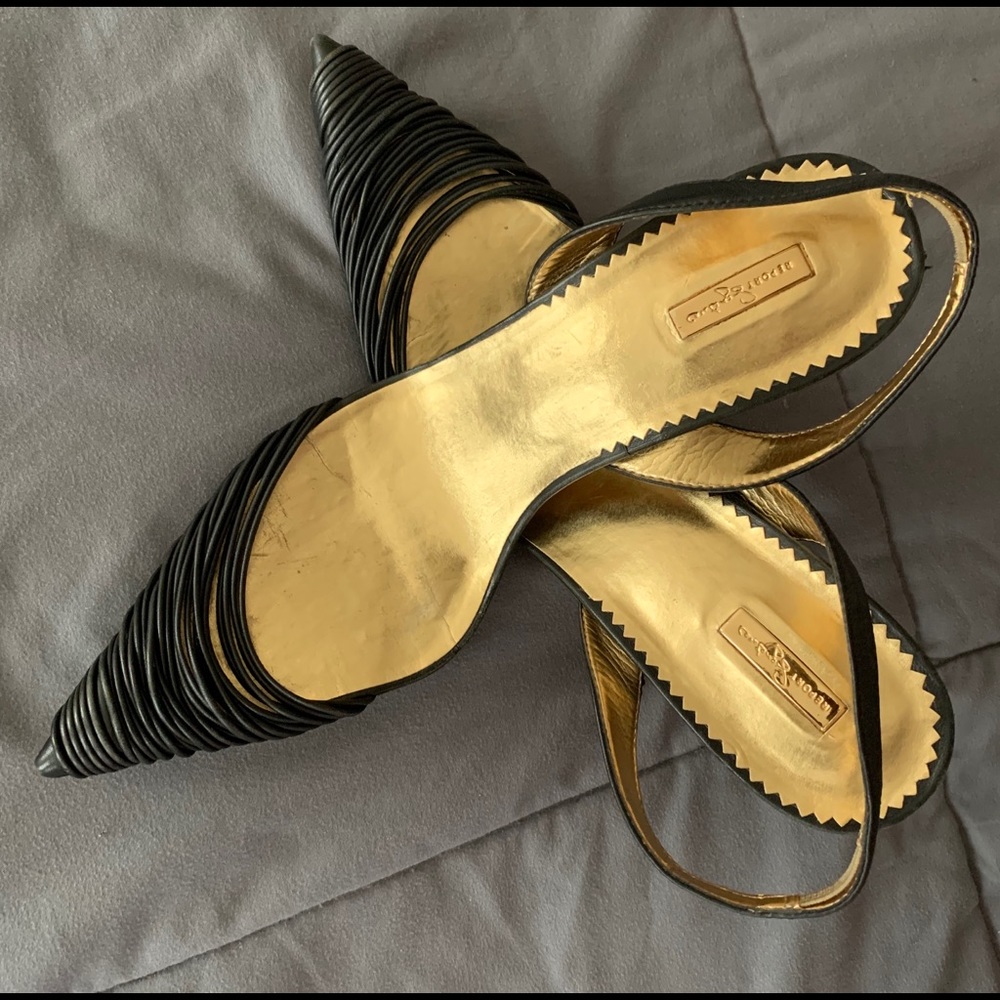 Navy blue leather sling back wooden heel shoes- by Report Signature from Brazil.